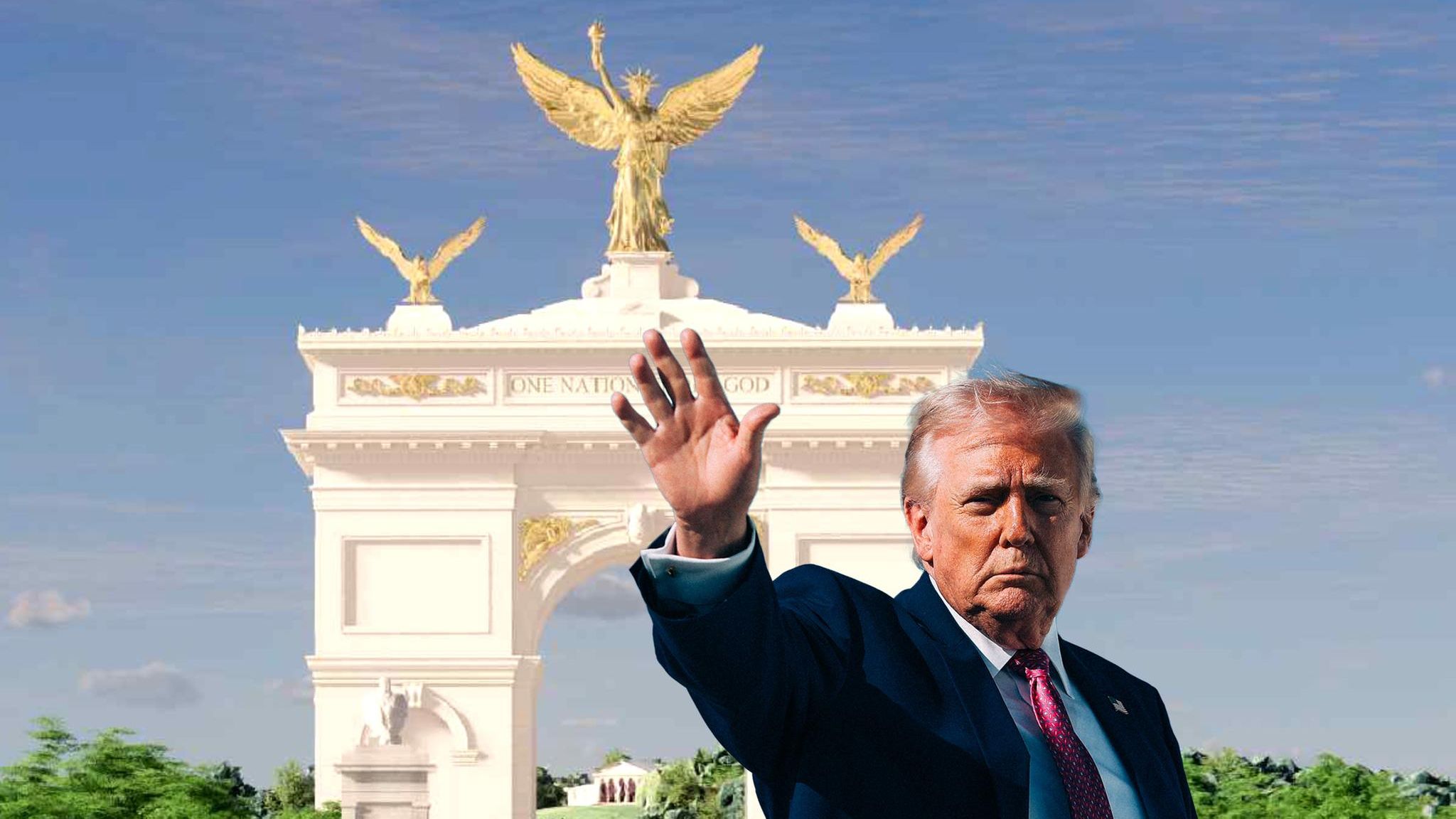 Montage zeigt Donald Trump winkend vor einem Rendering des Trump-Triumpfbogens