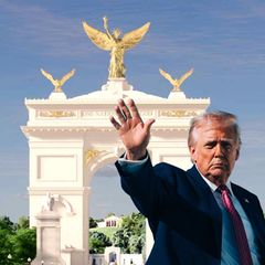 Montage zeigt Donald Trump winkend vor einem Rendering des Trump-Triumpfbogens