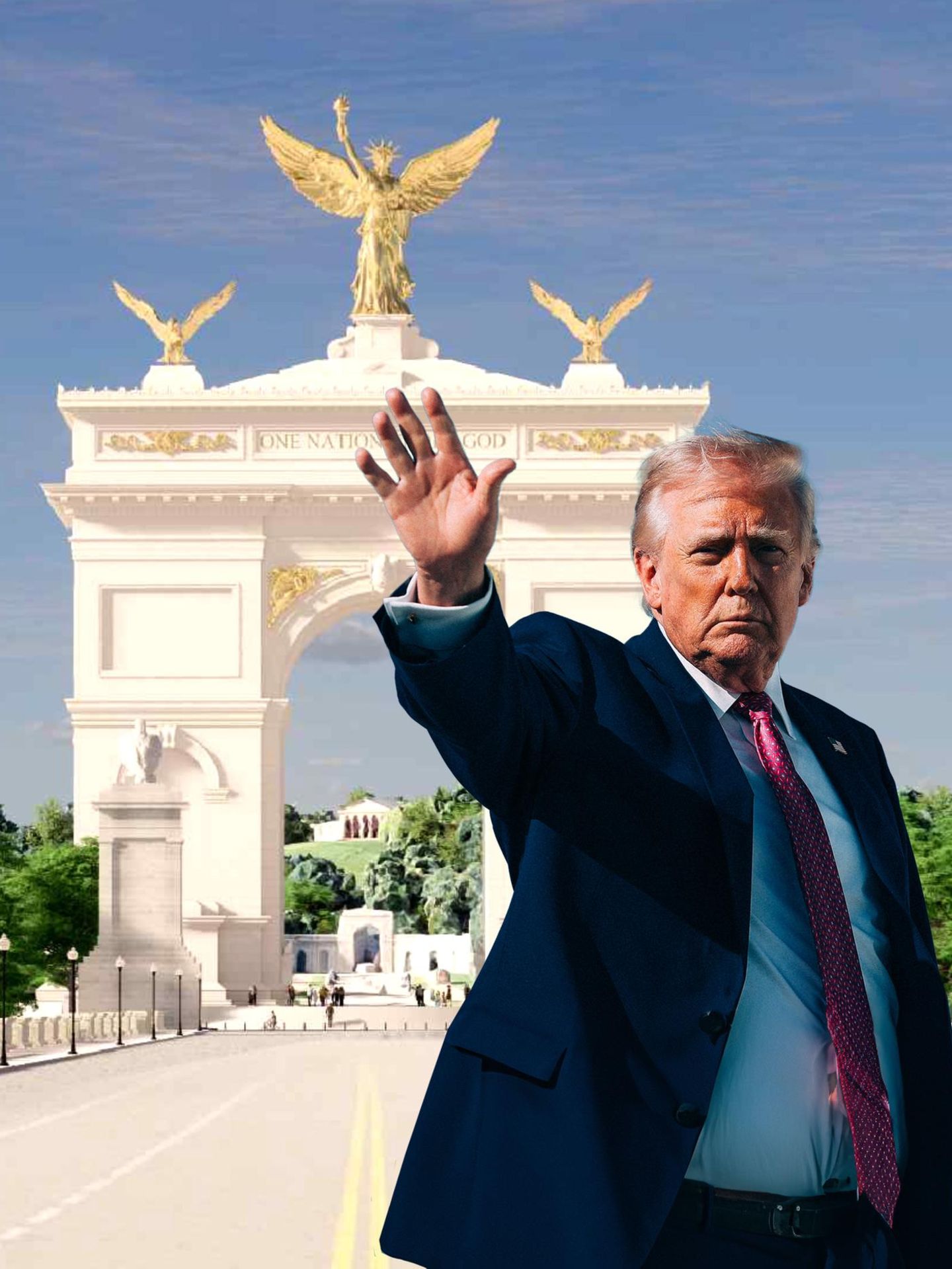 Montage zeigt Donald Trump winkend vor einem Rendering des Trump-Triumpfbogens