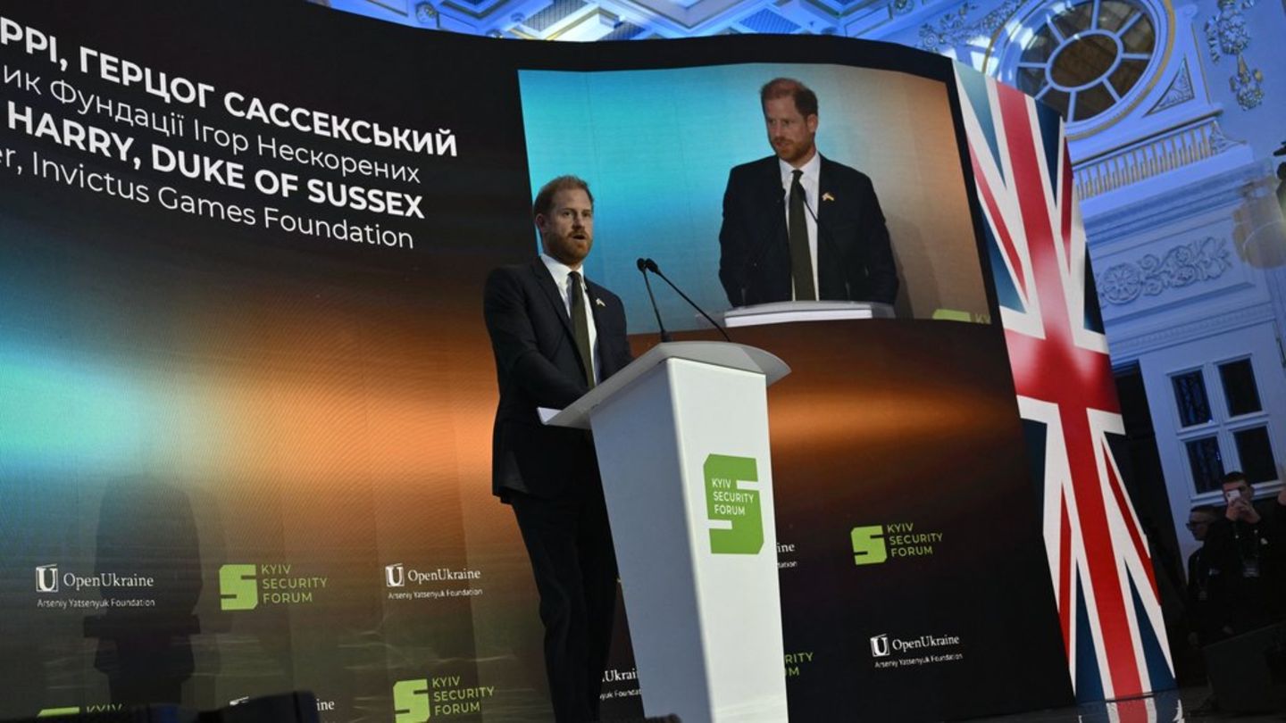 Prinz Harry während einer Rede beim Kyiv Security Forum am 23. April.