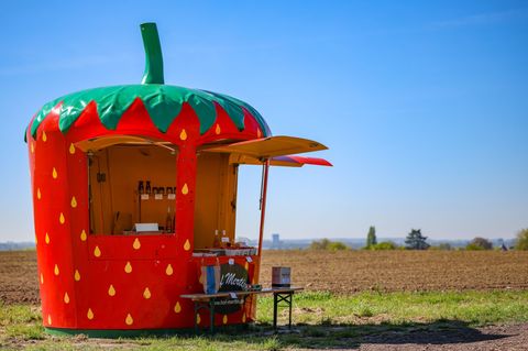 Ein mobiler Verkaufsstand in der Form einer Erdbeere steht am Rande eines Parkplatzes in Dortmund. Foto: Christoph Reichwein/dpa