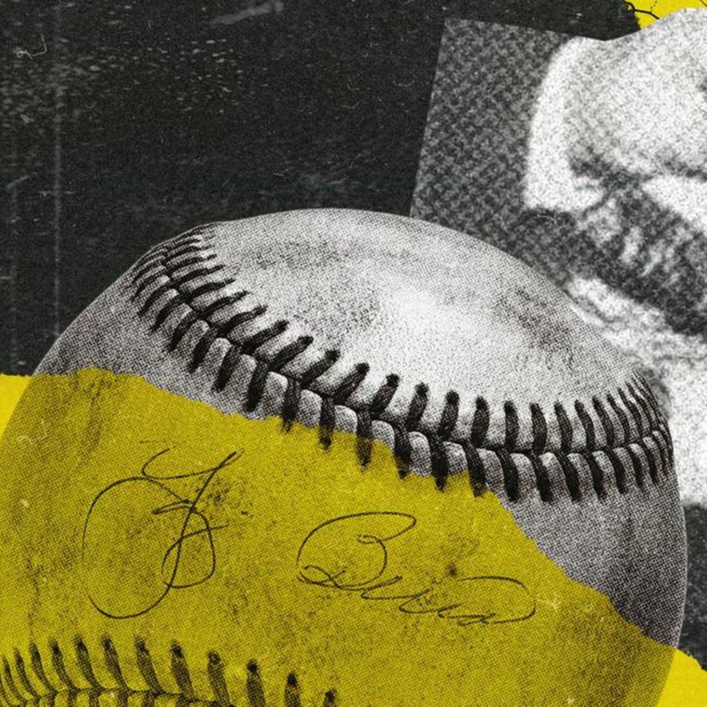 Collage mit einem Basball, einem Gürtel und dem halb verdeckten Gesicht von Tommy Trotta