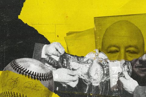 Collage mit einem Basball, einem Gürtel und dem halb verdeckten Gesicht von Tommy Trotta