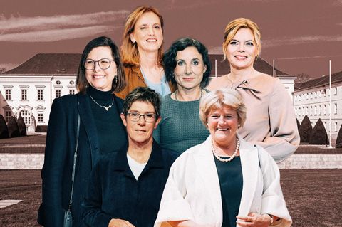 Montage zeigt sechs Bundespräsidentin-Kandidatinnen vor dem Schloss Bellevue