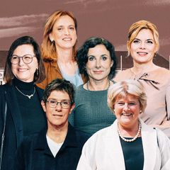 Montage zeigt sechs Bundespräsidentin-Kandidatinnen vor dem Schloss Bellevue