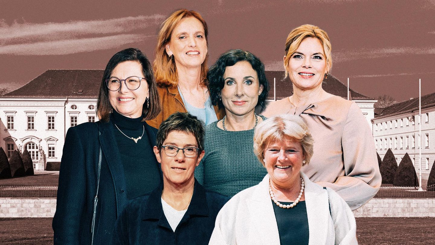 Montage zeigt sechs Bundespräsidentin-Kandidatinnen vor dem Schloss Bellevue