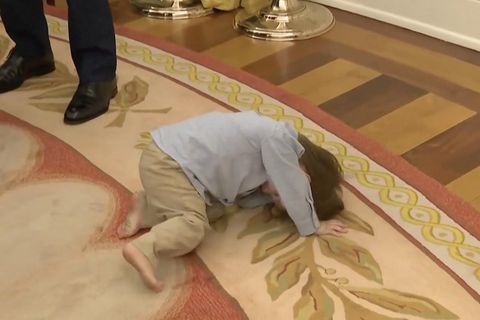 Der zweijährige Travis turnt während einer Pressekonferenz Donald Trumps.