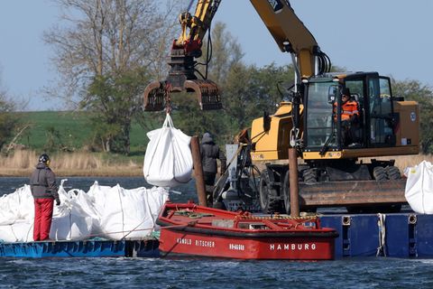 Eine Barriere aus großen Sandsäcken soll das Walverhalten beeinflussen. Foto: Bernd Wüstneck/dpa