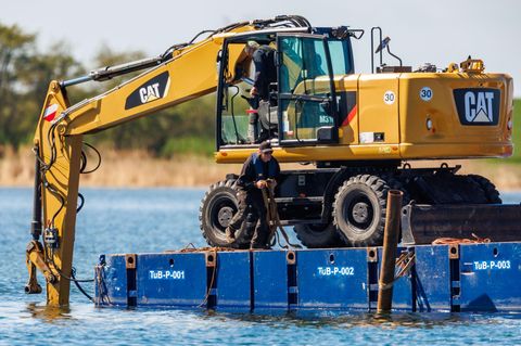 Mit einem Bagger auf einem Ponton wird der Meeresboden für eine Bergung des gestrandeten Wals vor der Insel Poel vorbereitet
