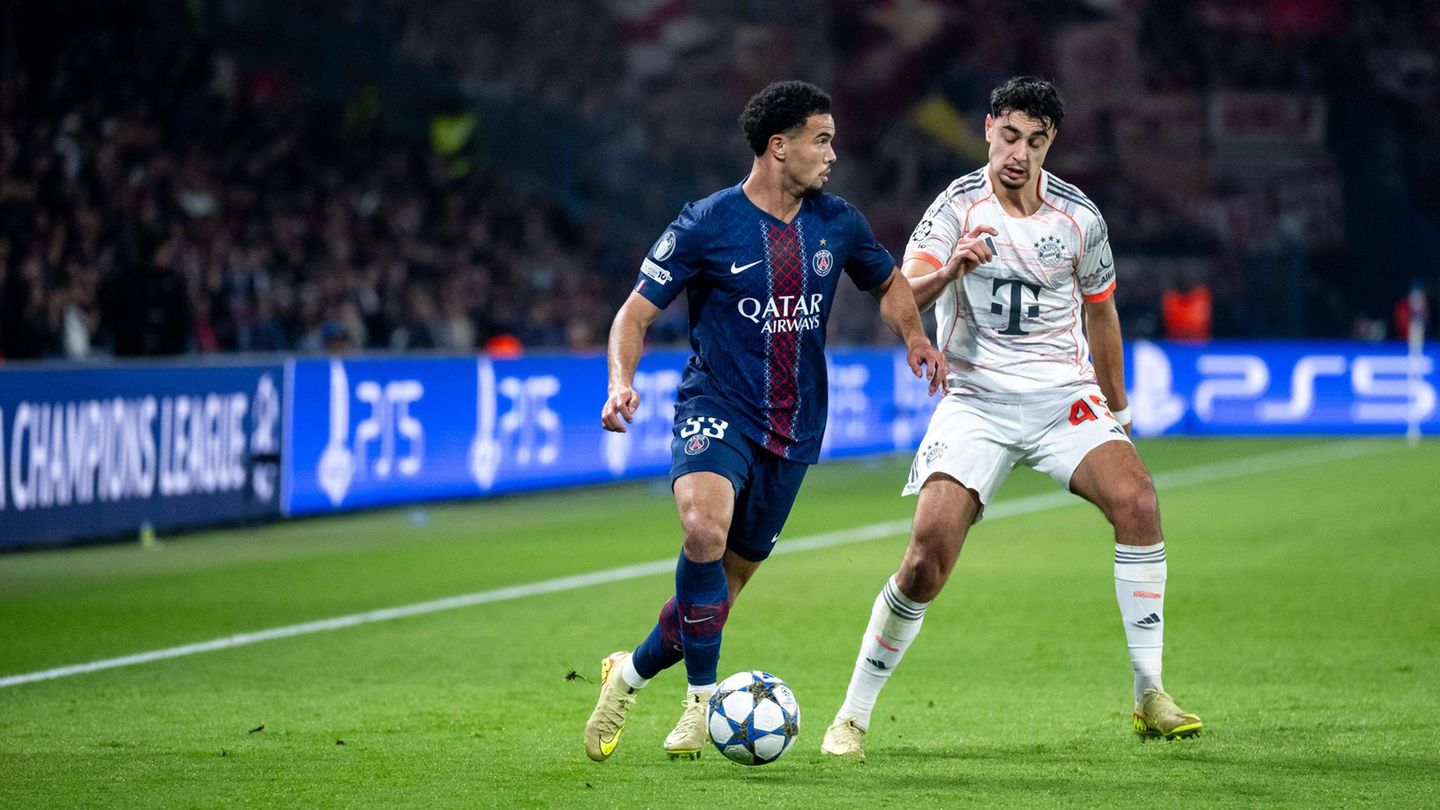 Szene aus dem Duell zwischen dem FC Bayern und Paris Saint-Germain in der Ligaphase der Champions League: Warren Zaïre-Emery (l.) und Aleksandar Pavlović dürften auch im Halbfinale aufeinandertreffen.