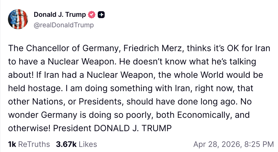 Mit diesem Post auf „Truth Social“ antwortet US-Präsident Trump auf die Kritik von Bundeskanzler Merz