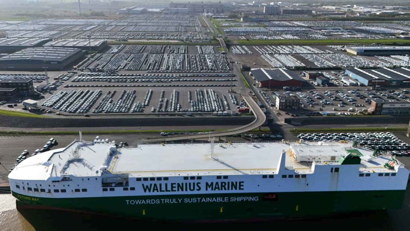 Frachtschiff und zu verschiffende Autos in Emden