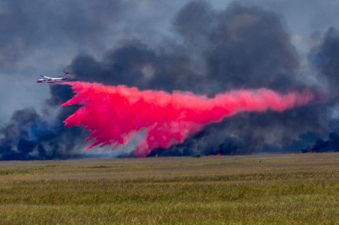 Sarasota, USA. Ein Flugzeug wirft Feuerschutzmittel auf ein großes Waldfeuer auf der Südseite des Tamiami Trail ab. Derzeit toben im Everglades Nationalpark heftige Waldbrände. 