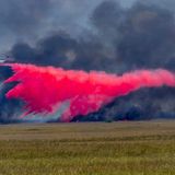 Sarasota, USA. Ein Flugzeug wirft Feuerschutzmittel auf ein großes Waldfeuer auf der Südseite des Tamiami Trail ab. Derzeit toben im Everglades Nationalpark heftige Waldbrände. 