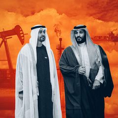 Montage: Mohammed bin Salman und Mohammed bin Zayed vor einer Ölrafffinerie, einem Derrick und einem Öltanker