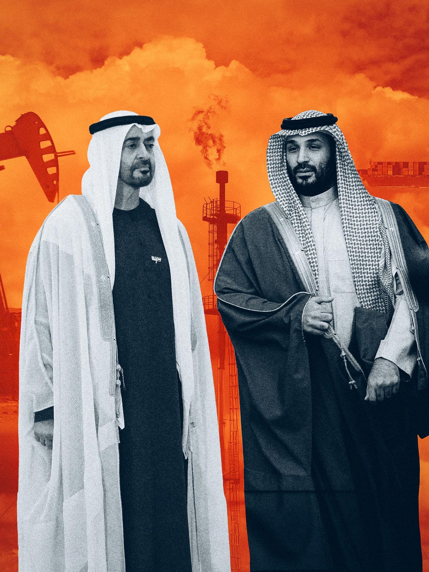 Montage: Mohammed bin Salman und Mohammed bin Zayed vor einer Ölrafffinerie, einem Derrick und einem Öltanker