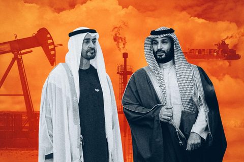 Montage: Mohammed bin Salman und Mohammed bin Zayed vor einer Ölrafffinerie, einem Derrick und einem Öltanker