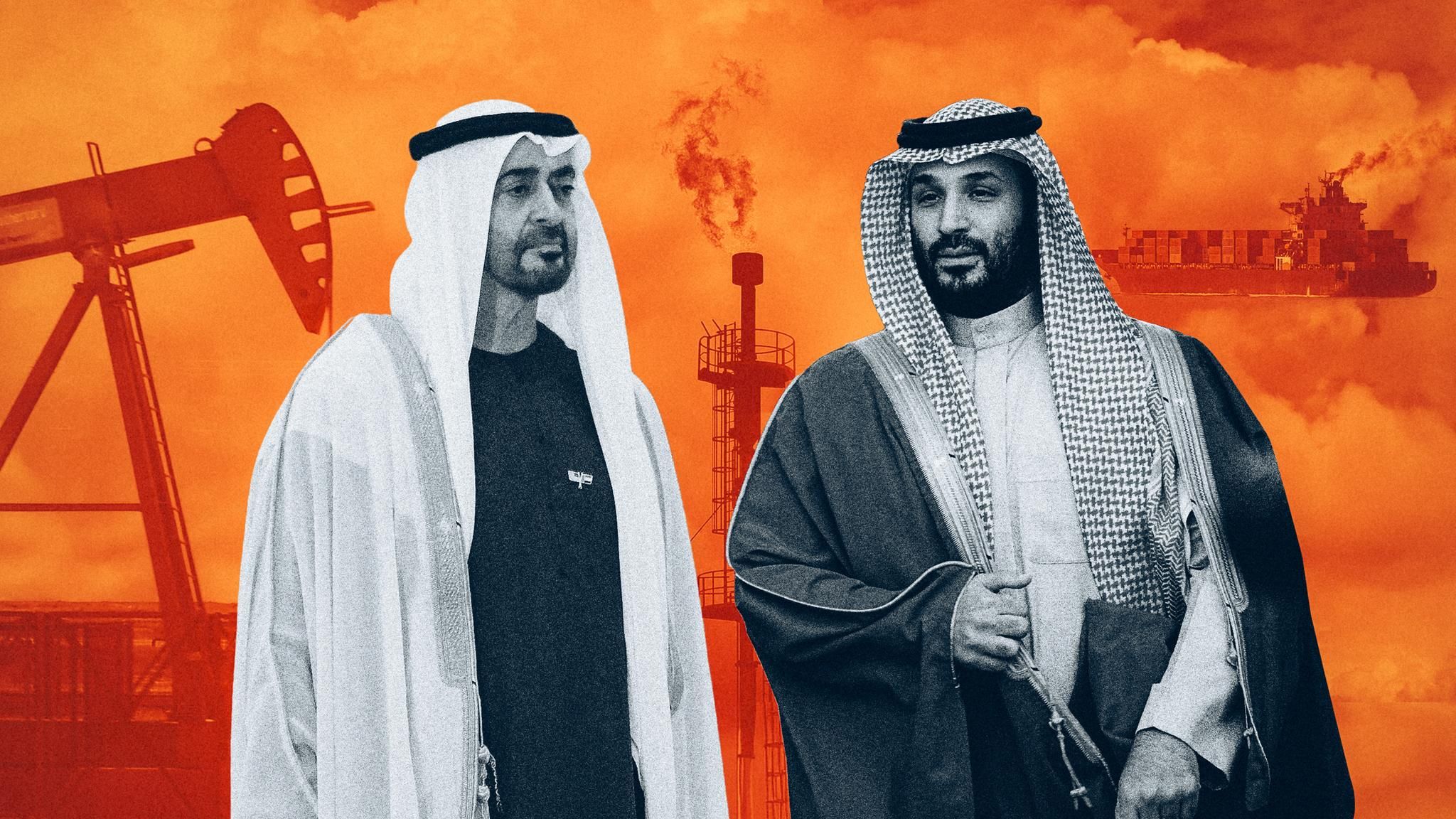 Montage: Mohammed bin Salman und Mohammed bin Zayed vor einer Ölrafffinerie, einem Derrick und einem Öltanker