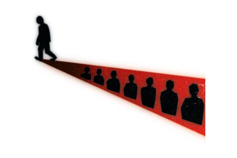 Illustration eines laufenden Mannes, hinter ihm ein rotes Dreieck mit mehreren schwarzen Umrissen von Menschen