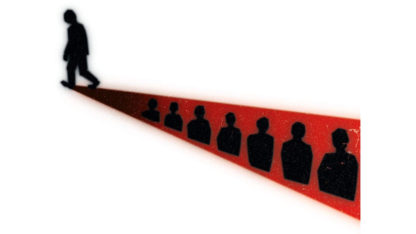 Illustration eines laufenden Mannes, hinter ihm ein rotes Dreieck mit mehreren schwarzen Umrissen von Menschen