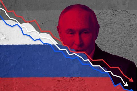 Eine Montage mit Putin und abfallender Kurve in Form einer Russlandflagge