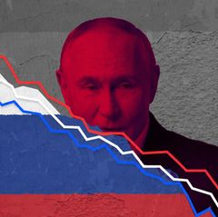 Eine Montage mit Putin und abfallender Kurve in Form einer Russlandflagge