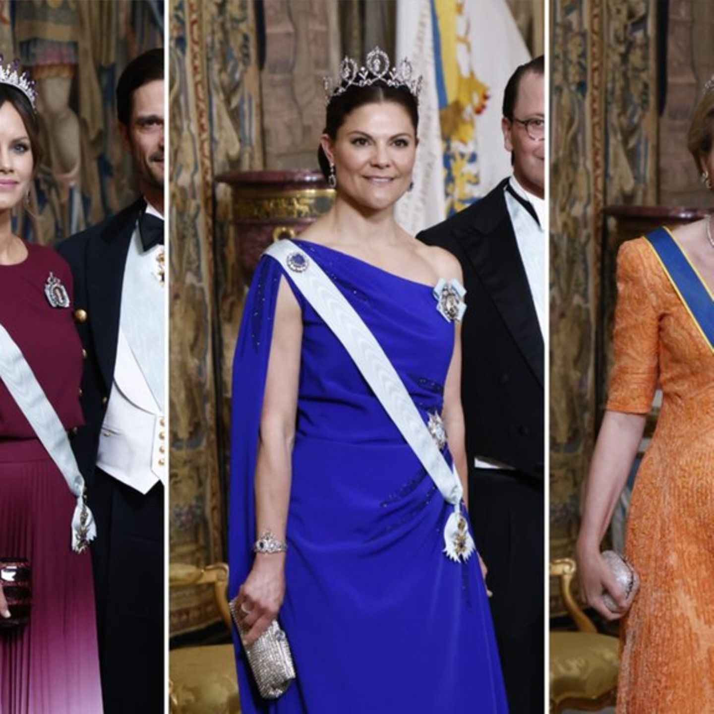 Sofia, Victoria, Mathilde (v.l.): Nicht nur diese drei Royals trugen am Donnerstagabend bunte Roben.