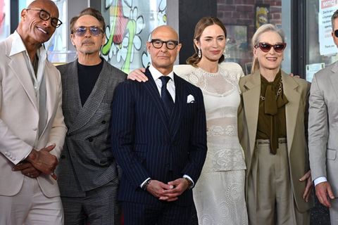 Dwayne Johnson, Robert Downey Jr., Stanley Tucci, Emily Blunt, Meryl Streep und Matt Damon bei der Hollywood Walk of Fame Zere
