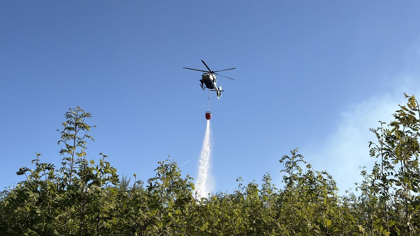 Auch ein Polizeihubschrauber unterstützte bei den Löscharbeiten. Foto: Berthold Stamm/dpa