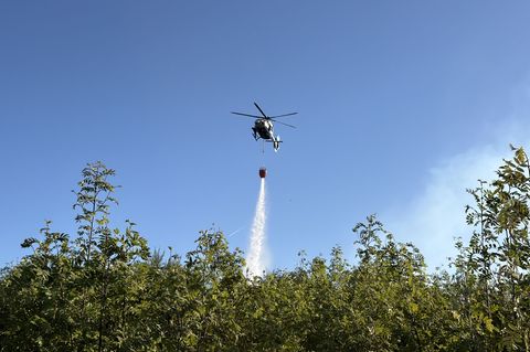 Auch ein Polizeihubschrauber unterstützte bei den Löscharbeiten. Foto: Berthold Stamm/dpa