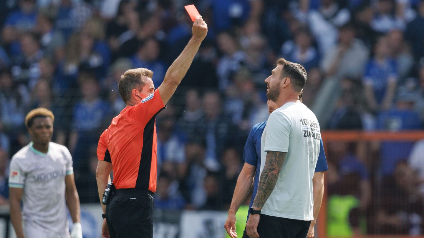 Rot nach dem Schlusspfiff: Tobias Stieler bestraft den Trainer Mitch Kniat für eine provokante Aussage. Foto: Friso Gentsch/dpa