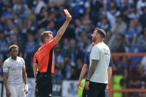 Rot nach dem Schlusspfiff: Tobias Stieler bestraft den Trainer Mitch Kniat für eine provokante Aussage. Foto: Friso Gentsch/dpa