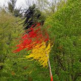 Schleiden, Deutschland. Ein Maibaum, geschmückt mit Bändern in den Farben Schwarz, Rot und Gold, steht auf einem Platz. 