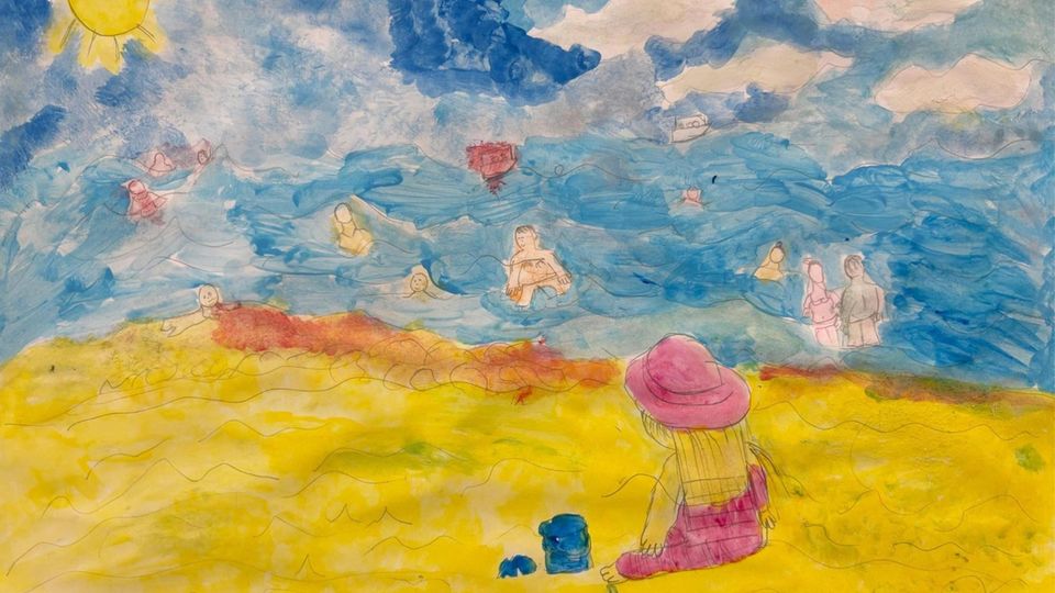 Inerview Schulleiter Israel: Bild, gemalt, Mädchen sitzt am Strand,