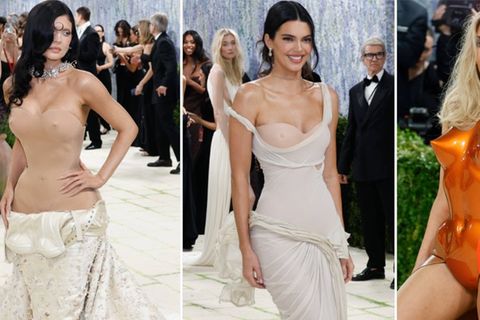 Kylie Jenner (v.l.), Kendall Jenner und Kim Kardashian lieferten sich ein sexy Fashionbattle auf den berühmten Stufen des Metr