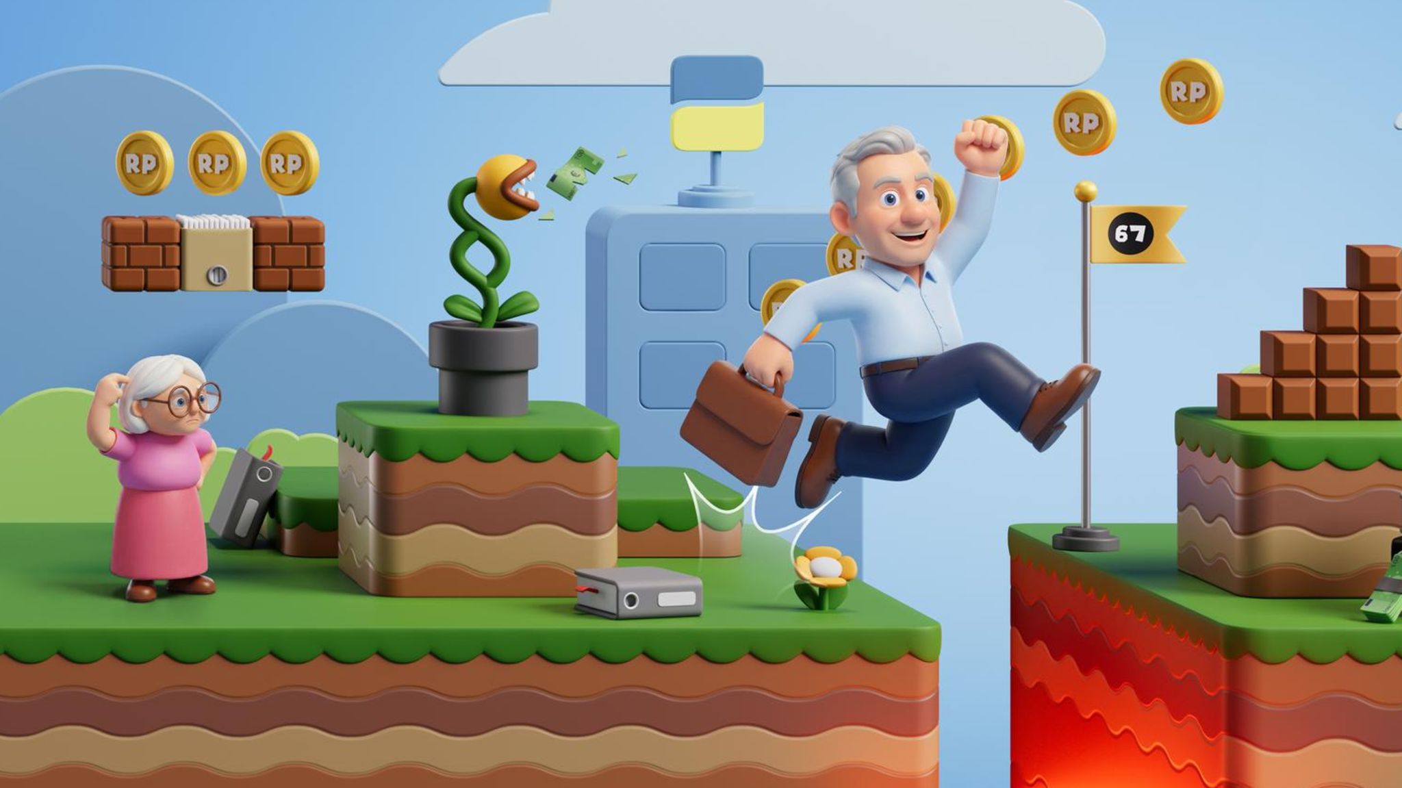 Rentenreform Illustration: Ein älterer Mann springt im Stil eines Super Mario Spiels in die Rente