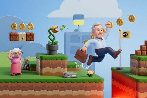 Rentenreform Illustration: Ein älterer Mann springt im Stil eines Super Mario Spiels in die Rente