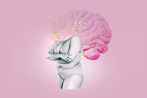 Illustration eines Frauenkörpers mit Adipositas, im Hintergrund ein Gehirn