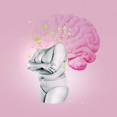 Illustration eines Frauenkörpers mit Adipositas, im Hintergrund ein Gehirn