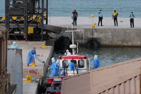 Gesundheitspersonal in Schutzkleidung evakuiert Patienten vom Kreuzfahrtschiff "Hondius" in einem Hafen. Foto: Misper Apawu/AP/d