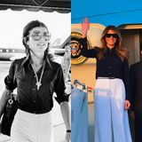 Melania Trump in schwarzer Bluse und weißer Hose wie einst Jackie Kennedy