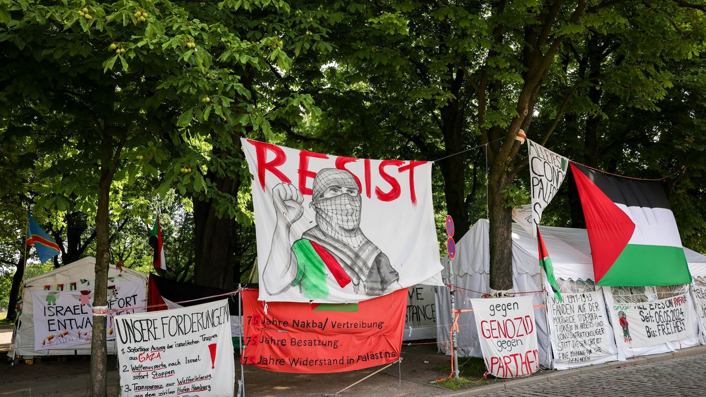 Die Vereinigung Thawra Hamburg will erneut ein Protestcamp gegen Israel aufbauen. (Archivbild) Foto: Christian Charisius/dpa