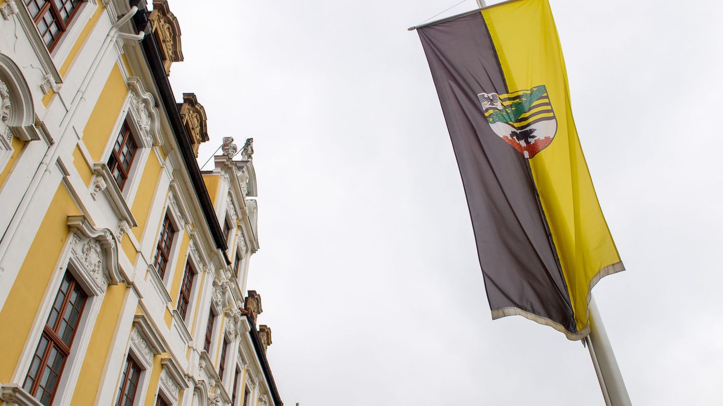 Die Flagge von Sachsen-Anhalt ist vor der Fassade des Gebäudes des Landtags von Sachsen-Anhalt gehisst. Foto: Klaus-Dietmar Gabb