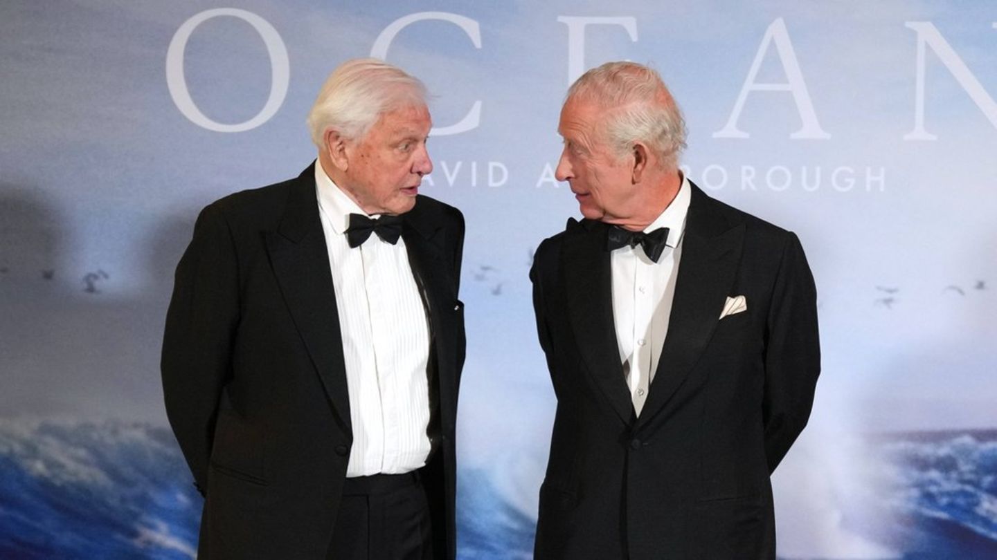 König Charles III. mit David Attenborough bei dessen Filmpremiere 2025.