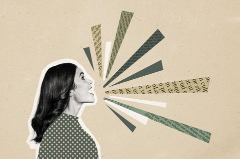 Diese Illustration zum Thema Nein sagen zeigt eine Frau, aus deren geöffnetem Mund Buchstaben kommen