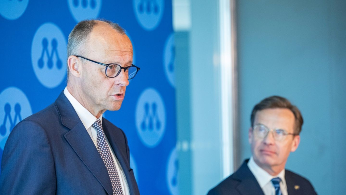 Merz bei der Pressekonferenz in Stockholm
