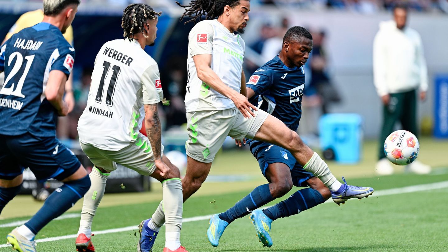 Hoffenheims Bazoumana Touré (r.) macht Druck gegen Werder. Foto: Uwe Anspach/dpa