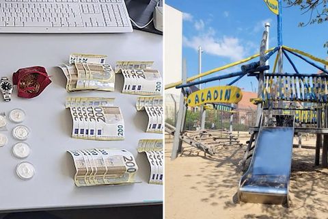 Uhren, Silbermünzen, Bargeld (l.) und Berliner Spielplatz (r.)