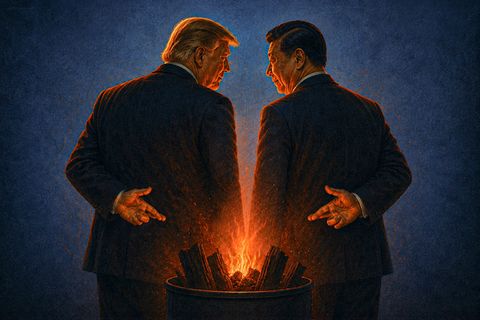 Eine illustrative Umsetzung von Donald Trump und Xi Jinping, welche an einer Feuerquelle stehen