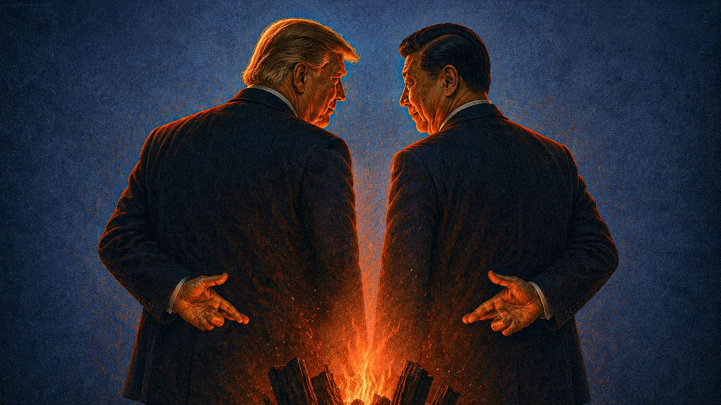 Eine illustrative Umsetzung von Donald Trump und Xi Jinping, welche an einer Feuerquelle stehen